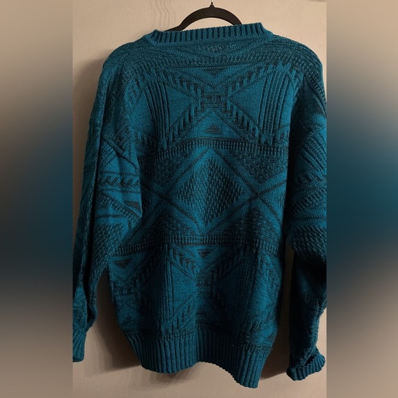 Vintage Teal Geometric Sweater Leather Patchwork Oversized 90s Textured Knit - Picture 3 of 4